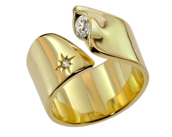 Unique 14k Gold Diamond Engagement Ring, Wide Band