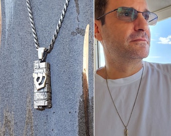 Unique Silver Mezuzah Pendant, Judaica Jewelry, Spiritual Necklace Gift, Silver Protection Jewelry, Religious Necklace, Gift for Dad, Son.
