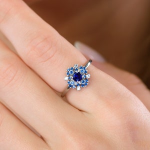 Blue Sapphire & Diamonds Engagement Ring, Vintage Style Engagement Ring, 14k White Gold Engagement Ring, Unique Sapphire Ring, Art Deco Ring