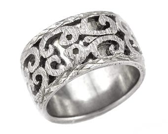 Oxidized Sterling Silver Wedding Band, Wide Lace Design Ring