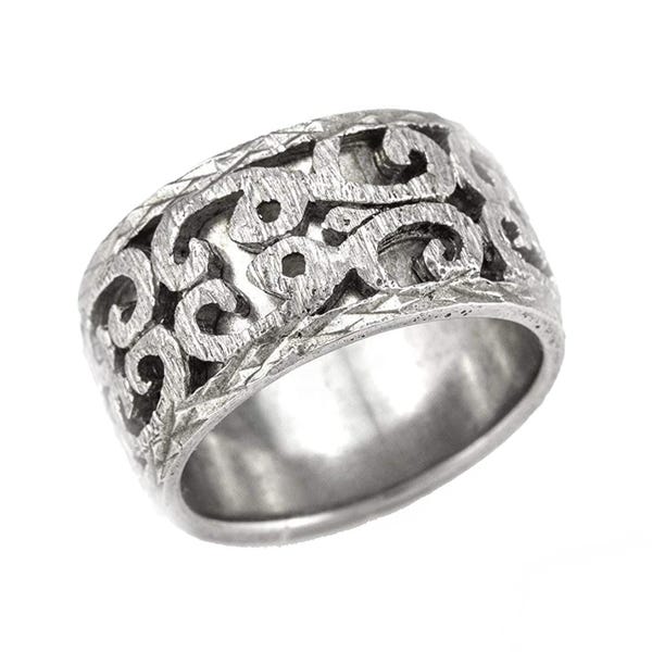 Oxidized Sterling Silver Wedding Band, Wide Lace Design Ring