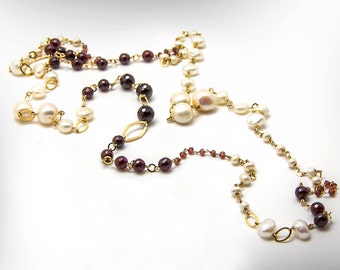 Long Boho Gemstone Necklace, Beaded Gems necklace, Sparkling Pearl Garnet Necklace, June January Birthstones, Women Necklace, Free Shipping