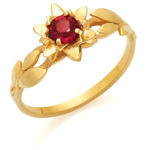 Engagement Rings for Women, Ruby Engagement Ring, 18k Gold Yellow White Rose Engagement Ring, Flower Engagement Ring, Bridal Leaves Ring.