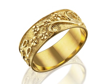 9k, 14k Gold Floral Wedding Band, Vintage Leaves Women Ring, Unisex Engraved Band.