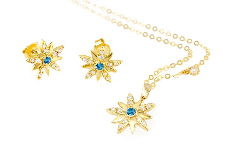 Women Blue-Topaz Birthstones Earrings, 14k Gold Star Studs