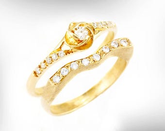 Blumen Diamant Ring Set, 14k Gold Brautringe, Handgemacht