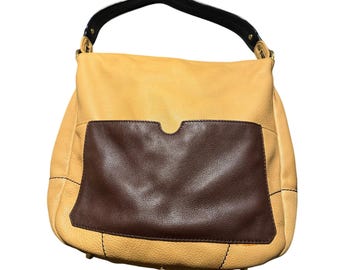 Or yang  Adele color block, pebbled, leather hobo bag in sand and chocolate leather