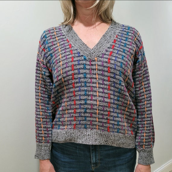 Unisex Vintage Woven Striped Vneck Sweater Ramie Cotton Blend