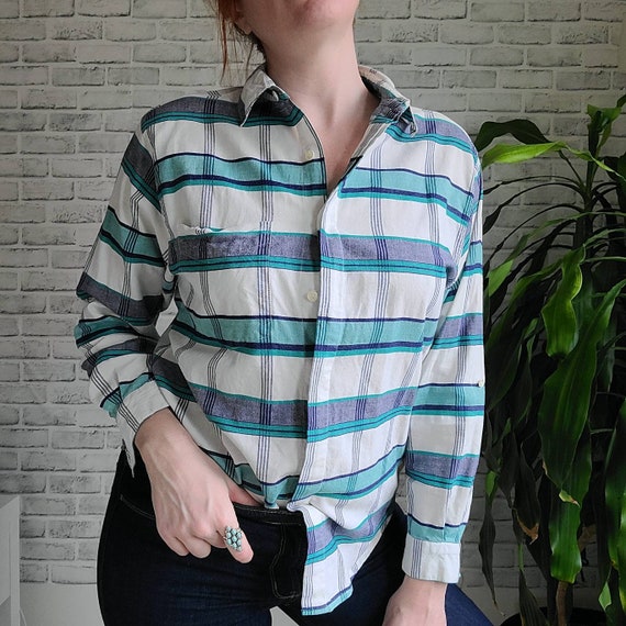 Vintage Women's Plaid Shirt - Blue Plaid Shirt - … - image 2