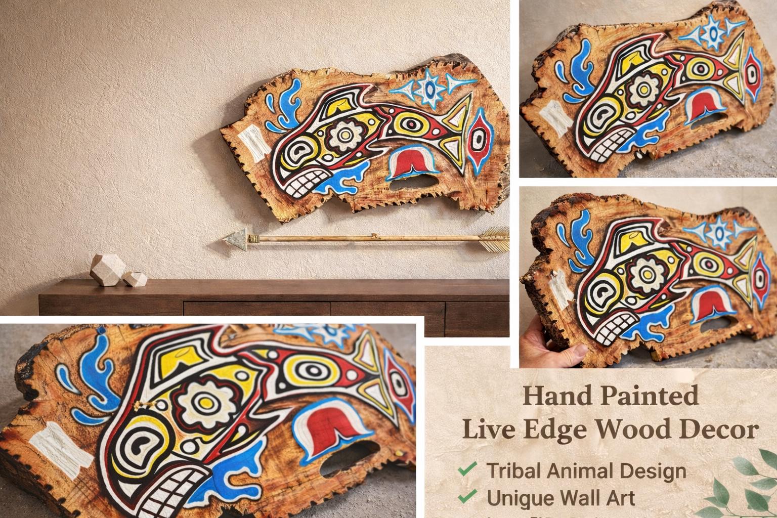 Hand Painted Live Edge Wood Wall Art – Tribal Animal Design – Rustic ...