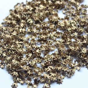 May include: A large pile of gold-colored metal star-shaped embellishments. The embellishments are small and have a raised center.