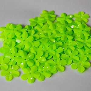Centre hole, Neon Green color, Soft shine Texture, Slightly Cupped , Big Flower sequins, Size 20mm, 5 grams, Code-PSBF748