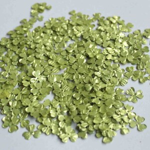 Op de afbeelding: Een grote hoeveelheid kleine, lichtgroene, metalen pailletten in de vorm van bloemen.