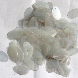 Puede incluir: Un montón de lentejuelas blancas ovaladas iridiscentes con un agujero en el centro de cada lentejuela.