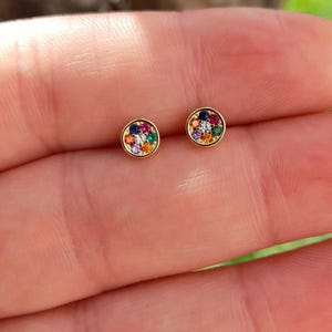 Orecchini multicolor in argento 925, orecchini a bottone con zirconi colorati, orecchini piccoli colorati di argento
