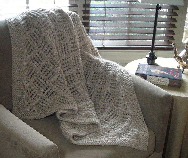 Knitted Throw Blanket PDF Knitting pattern for chunky lace blanket afghan, wedding housewarming dorm gift, quick knit bulky yarn, no charts image 2