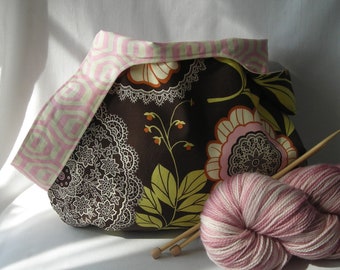 Knitting Project bag - medium size japanese knot bag - shawl sock crochet amigurumi - Amy Butler Lotus Lacework - free pattern