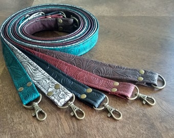 Purse Straps Western embossed brown black vinyl leather clips rings 1" x 24", 1" x 48" DIY knit crochet sewn shoulder bag purse tote hipster