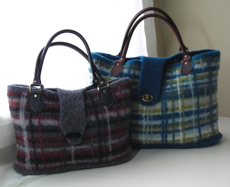 Knitting Pattern PDF Felted Wool Portland Plaid Bag purse handbag two sizes includes tutorial on making a fabric lining image 4