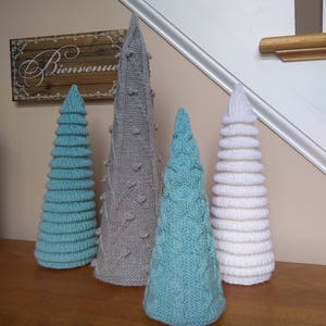 Christmas Knitting Patterns knitted trees, three sizes, Christmas Tree Cozy hand knit holiday DIY decoration gift yarn wool