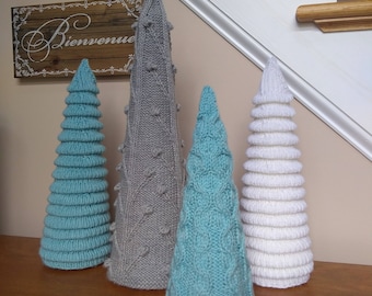 Christmas Knitting Patterns knitted trees, three sizes, Christmas Tree Cozy hand knit holiday DIY decoration gift yarn wool