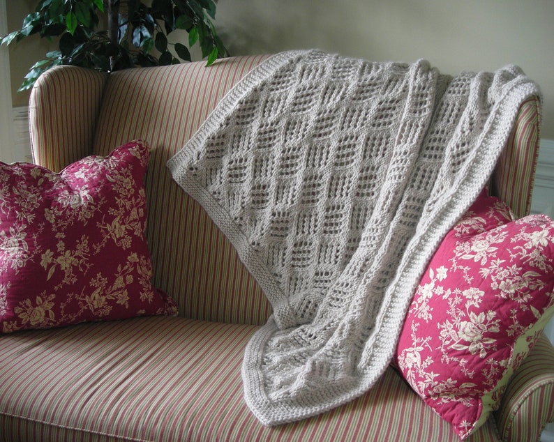 Knitted Throw Blanket PDF Knitting pattern for chunky lace blanket afghan, wedding housewarming dorm gift, quick knit bulky yarn, no charts image 3