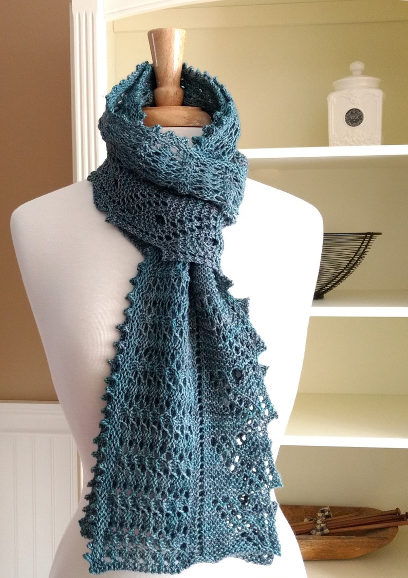 Lace Scarf Shawl, Easy Knitting Pattern, Front Porch Fern Leaf Lace, rectangle scarf cowl shawl wrap, pattern using sock fingering yarn image 7