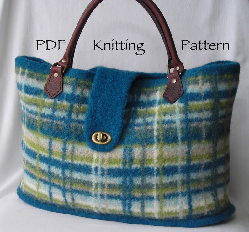 Knitting Pattern PDF Felted Wool Portland Plaid Bag purse handbag two sizes includes tutorial on making a fabric lining image 2