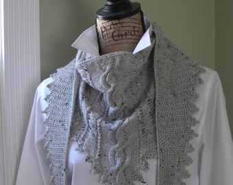 Knitting pattern, Clover Lace Cabled Shawlette crochet trim, PDF pattern - no charts - Irish knit scarf cowl shawl wrap dk or sock yarn