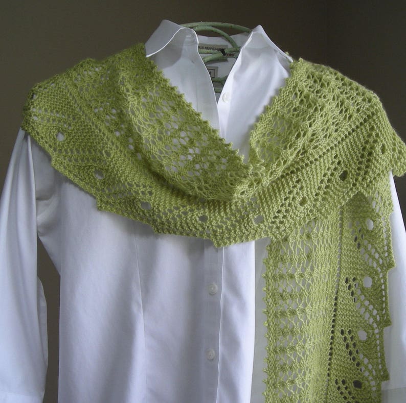 Lace Scarf Shawl, Easy Knitting Pattern, Front Porch Fern Leaf Lace, rectangle scarf cowl shawl wrap, pattern using sock fingering yarn image 8