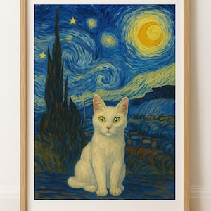 Weiße Katze Wand Kunst druckbar - Sternenhimmel Van Gogh inspiriert digitaler Download