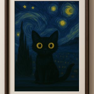 Sterrennacht zwarte kat – grillige, door Van Gogh geïnspireerde afdrukbare muurkunst, digitale download