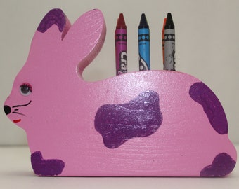Handmade Wooden Bunny Crayon Holder: Pink & Purple Kids Toy