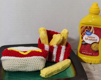 Hot dog and french fries, Hot dog for children's kitchen, Play food, Diner food, Crochet hot dog and french fries, Fast Food,  Barbecue, Toy