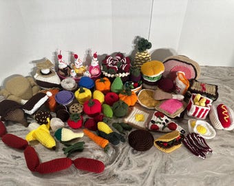 76-Piece Crochet Play Food Set, Handmade Kitchen Toys