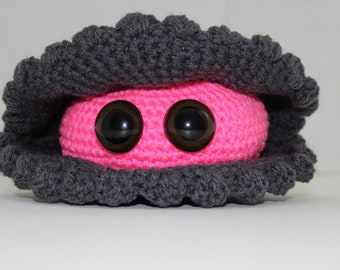Crochet Clam Stuffed Animal: Gray Shell, Pink Body, Safe Plush Toy