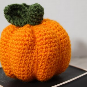May include: A crocheted orange pumpkin with a green crocheted stem. The pumpkin is sitting on a black surface.