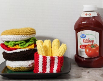 Cheeseburger, Play Food, Amigurumi, Crochet Play Food, Pretend Play, Crochet Cheeseburger, Imagination Toy, Kitchen Toy, Soft Toy, Fast Food