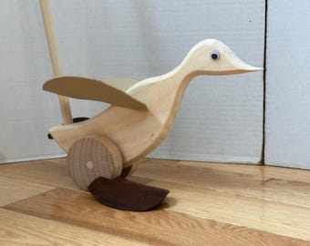 Handmade Wooden Duck Push Toy, Flapping Leather Feet