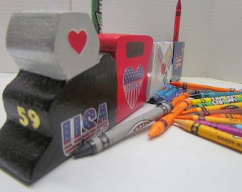 Handmade Wooden Military Train Crayon Holder with Crayons