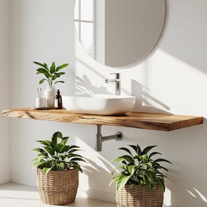 Custom Natural Bathroom Sink Vanity, Custom Handcrafted Bathroom Rustic Floating Vanity with Reclaimed Wood, Live Edge Shelf Vanity