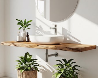 Custom Natural Bathroom Sink Vanity, Custom Handcrafted Bathroom Rustic Floating Vanity with Reclaimed Wood, Live Edge Shelf Vanity