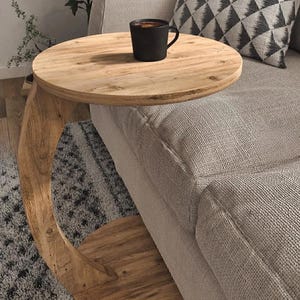 Table basse ronde en C en noyer fait main pour canapé avec roues, table d'appoint peu encombrante pour canapé C, meubles de maison faciles à assembler