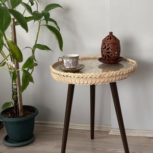 Handmade Rattan Round Coffee Table With Glass, Farmhouse Rattan End Table, Rustic Side Table For Sofa, Mid Century Modern Decor