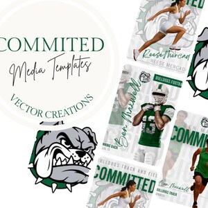May include: A graphic design with the text "COMMITTED Media Templates VECTOR CREATIONS" in a circular design. The image includes sports-themed templates with athletes, a bulldog mascot, and the names "Reese Mercad" and "Ben Maxwell."