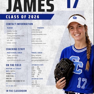 May include: A sports recruitment profile sheet for Casey James, number 17, class of 2026. The document displays contact information, coaching staff, offensive and defensive softball statistics, and academic achievements alongside a photo of a player.