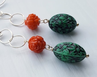 outlander earrings - vintage lucite and sterling - romantic, rose, red rose, scotland, green, pine - sterling silver chain
