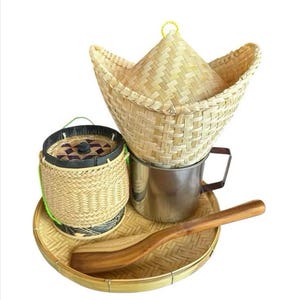 Set of Handmade Bamboo Sticky Rice Containers | Thai Rice Basket Set | Traditional Woven Food Storage | Eco-Friendly Kitchen Decor