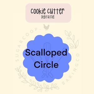 Puede incluir: Archivo digital para un cortador de galletas con un diseño de círculo festoneado. La imagen presenta un fondo morado claro con un círculo festoneado azul en el centro. El texto incluye "cookie cutter" y "Digital File".