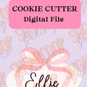Puede incluir: Un archivo digital para un cortador de galletas en forma de óvalo con un lazo rosa y el nombre "Ellie" escrito en cursiva.